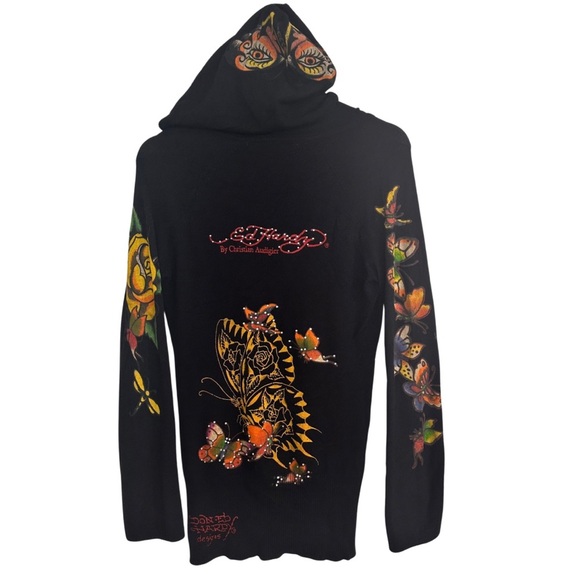 Vtg Ed Hardy By Christian Audigier Hooded Mini Dress SZ Large Knit Butterfly EUC - Picture 11 of 11